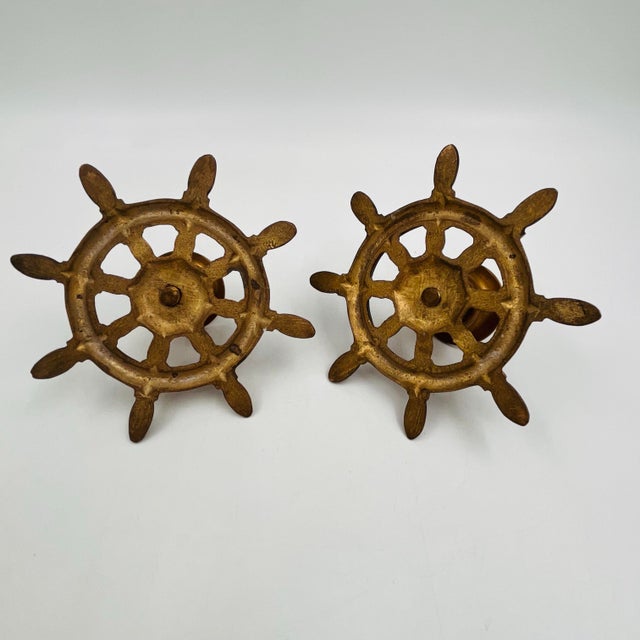 Vintage Brass Nautical Ship's Wheel Candlestick Holders - Set of Two For Sale - Image 11 of 11