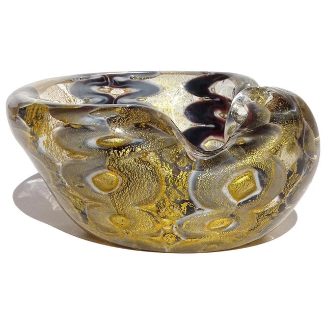Glass Vintage Murano Barovier Toso Gray Purple Gold Flecks Italian Art Glass Decorative Ashtray Bowl For Sale - Image 7 of 9