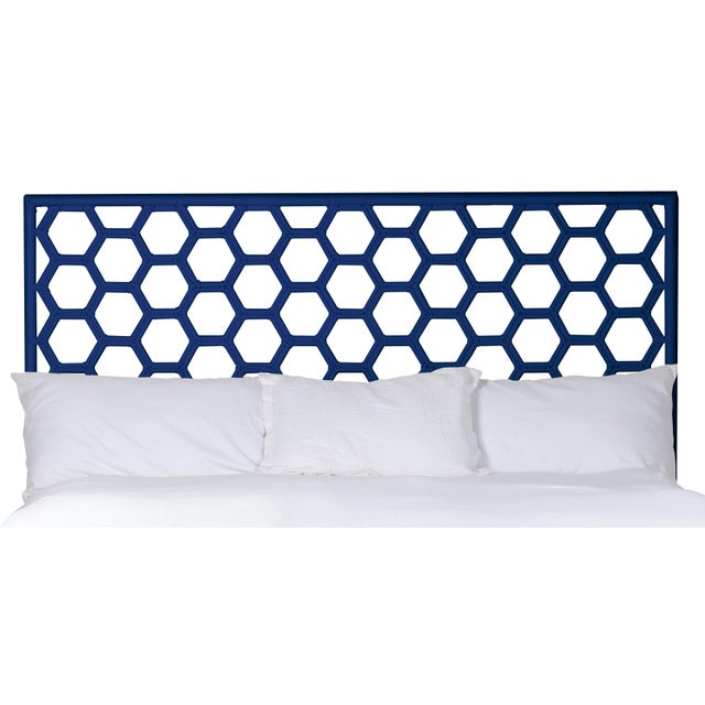 Wood Honeycomb Platform Bed King, Navy Blue For Sale - Image 7 of 7
