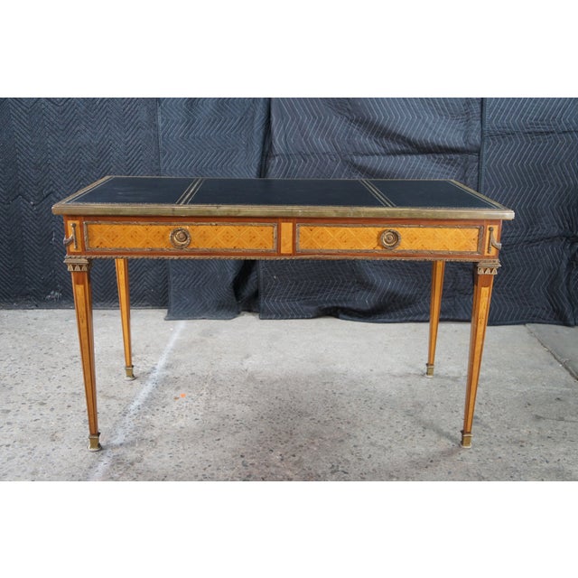 Antique French Louis XVI Kingwood Marquetry Leather Top Bureau Plat Writing Desk For Sale - Image 12 of 17