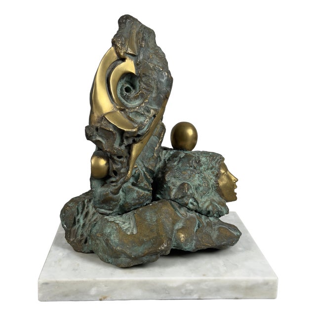 Mario Apuzzo, Abstract Face, Bronze on Marble Base, 1979 For Sale