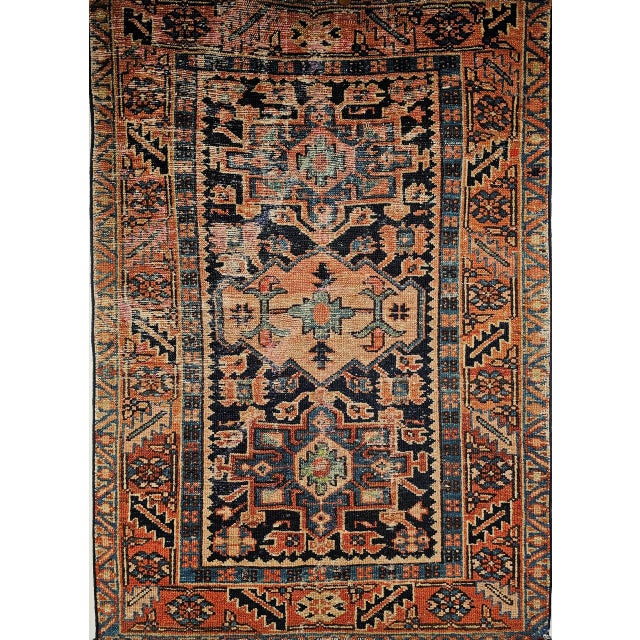 Vintage Persian Heriz Karajah Rug, Hand-Knotted Wool, Geometric Pattern, Blue & Rust-Red, 3x4 For Sale In Chicago - Image 6 of 14