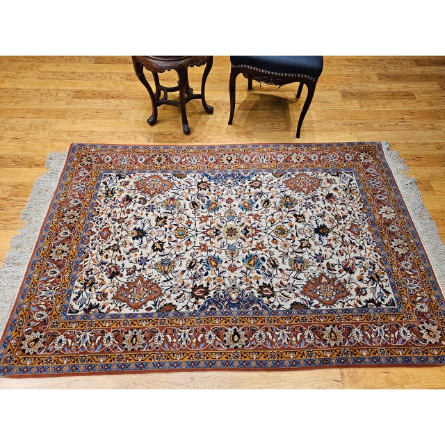 Textile Vintage Persian Isfahan Rug, Hand-Knotted Wool & Silk, Allover Floral Pattern, Ivory & Brick-Red, 4x6 For Sale - Image 7 of 18