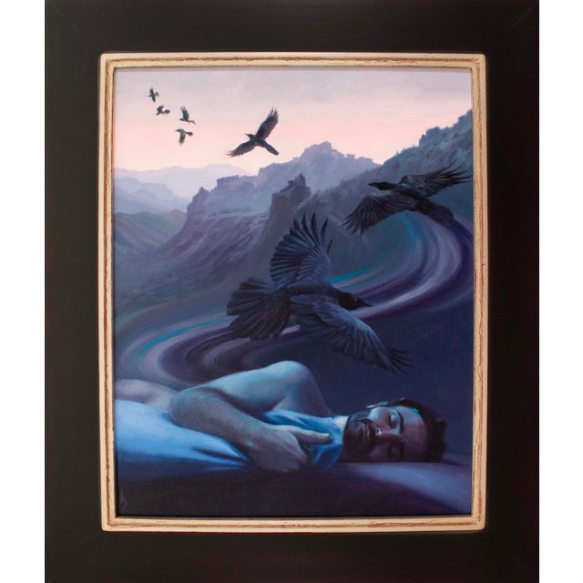 Contemporary Unbroken Silence by Kirsten Savage | Oil on panel of a man sleeping with birds flying around him For Sale - Image 3 of 3