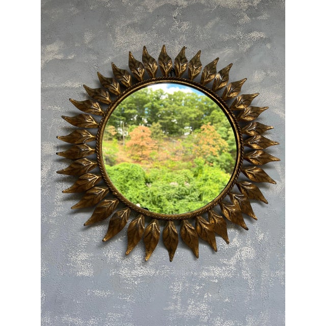 Mid-Century Modern Spanish Gilt Metal Round Sunburst Mirror For Sale - Image 3 of 9