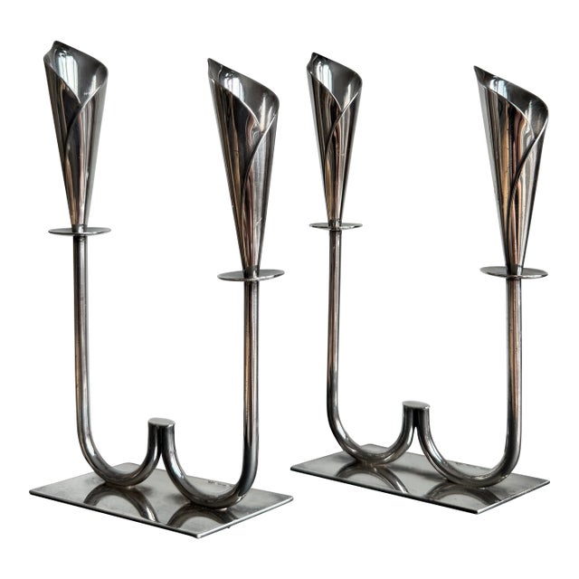 Hans Jensen Calla Lily Double Candlesticks Pair in Silver Plated, 1960s For Sale