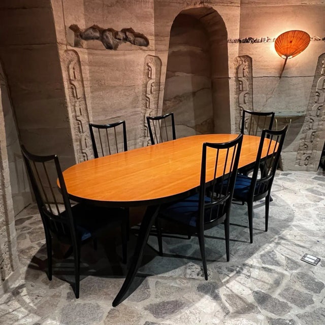 Mid-Century Modern 1950s Eugenio Escudero Ebonized Mahogany Dining Set and Six Velvet Chairs Mexico For Sale - Image 3 of 13