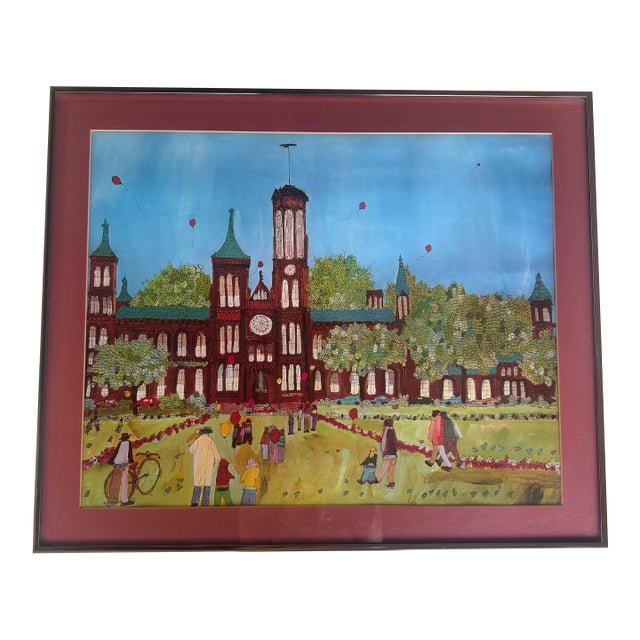 Large Framed Colorful Illustrated Artwork of Smithsonian by Susan Pear Meisel, 1970s For Sale