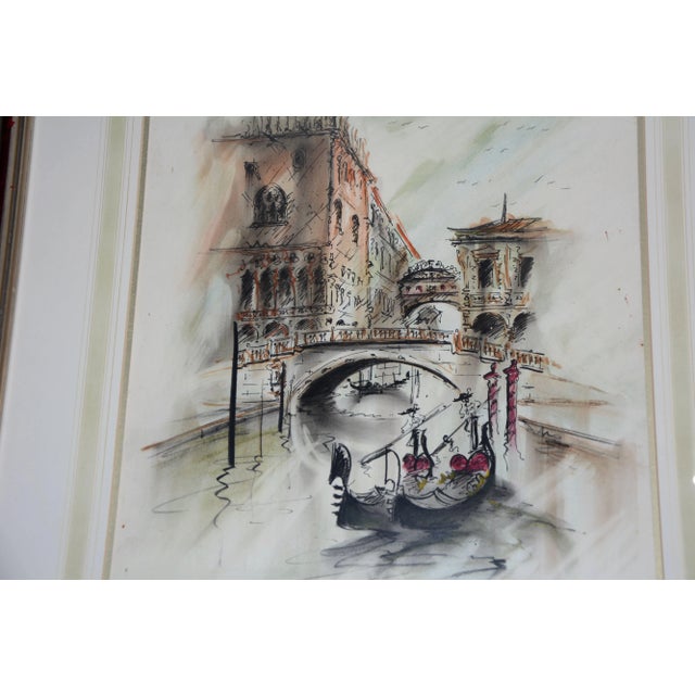 Italian Midcentury Framed Venetian Watercolor Artist Signed For Sale - Image 3 of 9