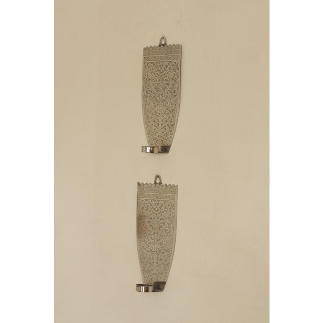Silver Vintage Engraved Pewter Sconces, Set of 2 For Sale - Image 8 of 16