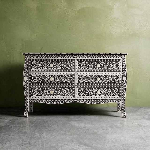 French-Inspired Arabesque Inlay Six-Drawer Chest – Black by House of Jaipur For Sale - Image 6 of 6