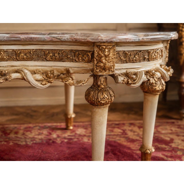 1980s 1980 French Artisan Louis XVI White Beech Marble Coffee Table For Sale - Image 5 of 12