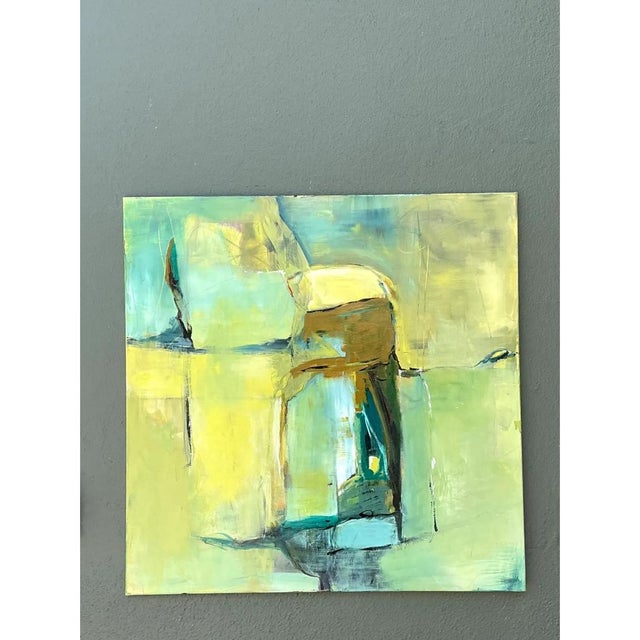 This vintage abstract expressionist oil painting on canvas features a striking interplay of colors and forms that commands...