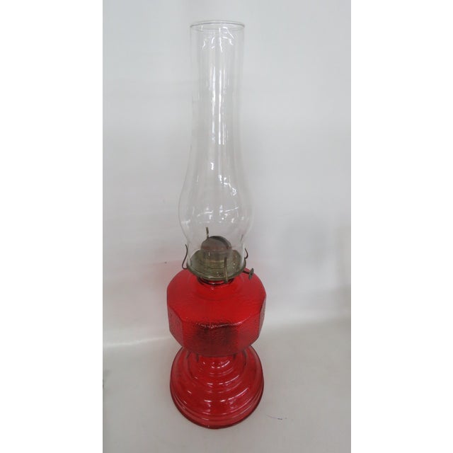Mid-Century Modern Pa Risdon Usa Large Homesteader Oil Lamp Red Glass With Brass Eagle Burner 4887b For Sale - Image 3 of 15
