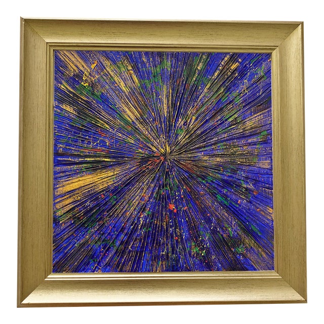 Abstract Acrylic Painting in Gold Frame – Textured Cosmic Burst Art, Blue & Gold Modern Wall Decor by Tatiana Duperault For Sale