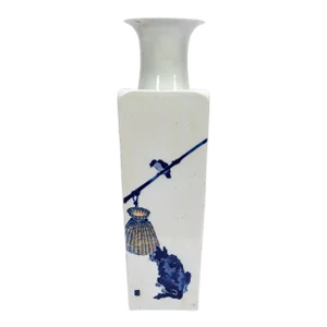 Antique 19th Century Chinese Blue & White Porcelain Tall Vase Decorated With Cat and Birds