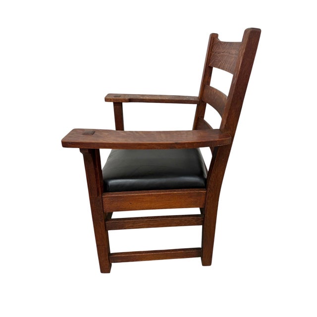 Mission Antique Arts & Crafts Stickley Style Mission Oak Arm Chair For Sale - Image 3 of 9