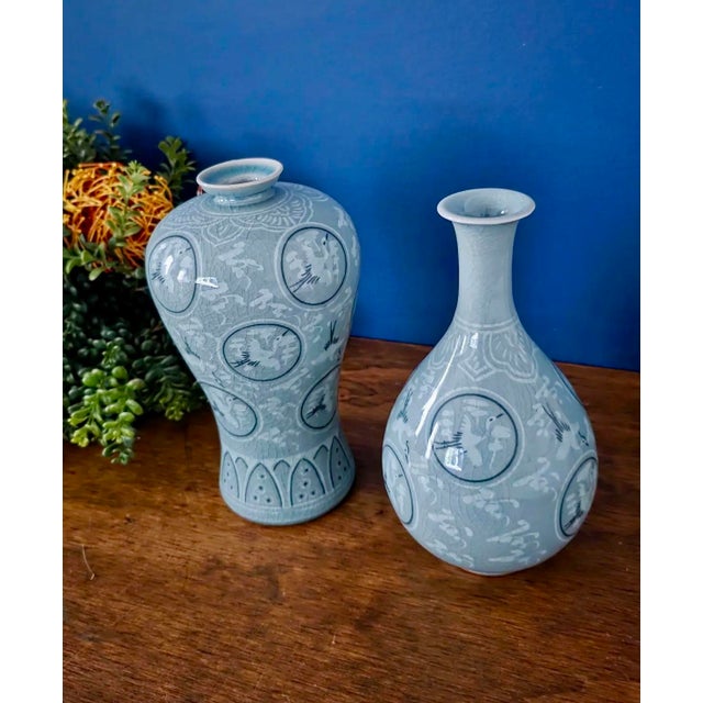 1970s 1970’s Thousand Crane Celadon Vases Set of 2 For Sale - Image 5 of 18