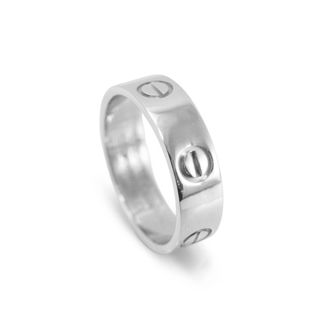 Modern Cartier Love Classic Model 18k White Gold 5.5mm Wedding Band Ring, Size 7 For Sale - Image 3 of 8