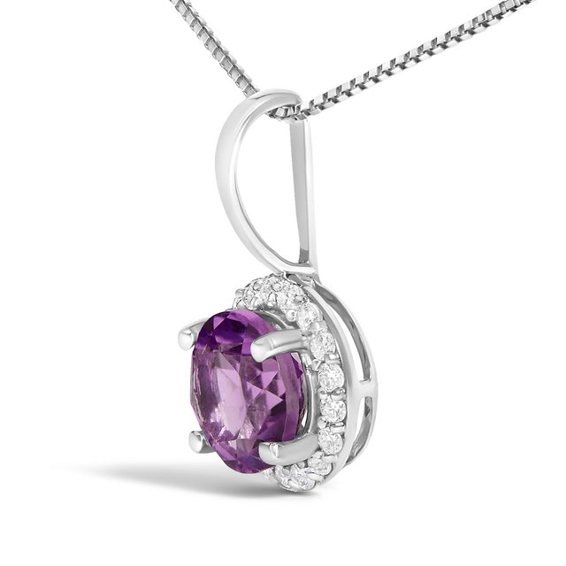10K White Gold Purple Amethyst and 1/10 Cttw Diamond Accent Halo Pendant Necklace For Sale - Image 4 of 5