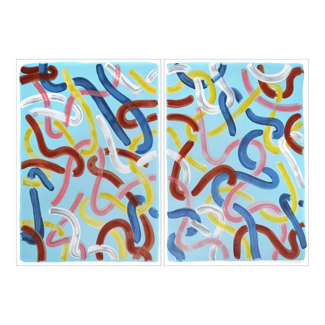 2022 "Urban Brushstrokes on Baby Blue" Acrylic Diptych Painting on Watercolor Paper by Natalia Roman - Set of 2 For Sale