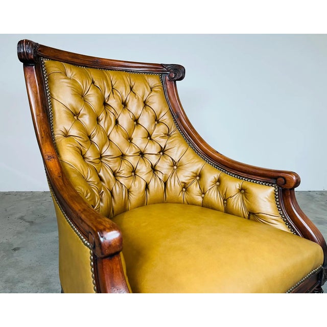 French Louis XVI Style Tufted Golden Cognac Leather Lounge Chair by Old Hickory Tannery For Sale - Image 3 of 12