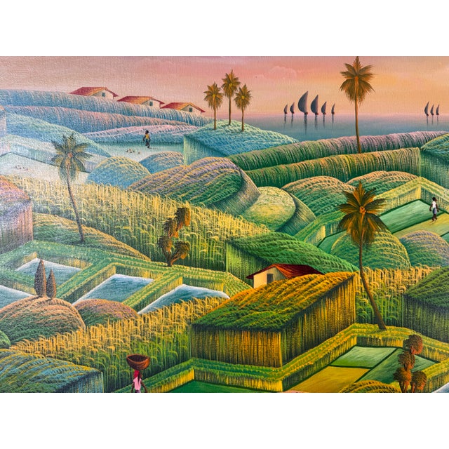 1990's Vintage Haitian Folk Art Landscape Oil Painting by Camille Torchon For Sale - Image 4 of 11