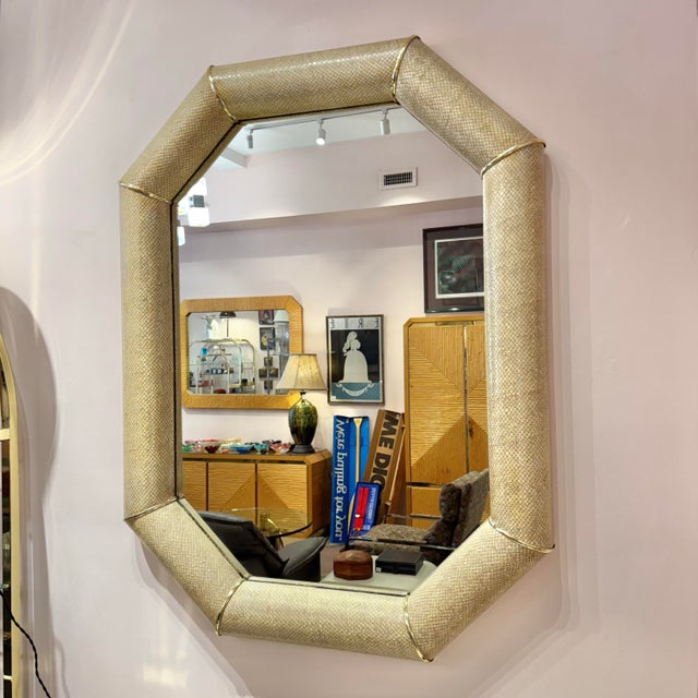 Mid-Century Modern Vintage Faux Snakeskin and Brass Octagonal Bullnose Mirror For Sale - Image 3 of 9