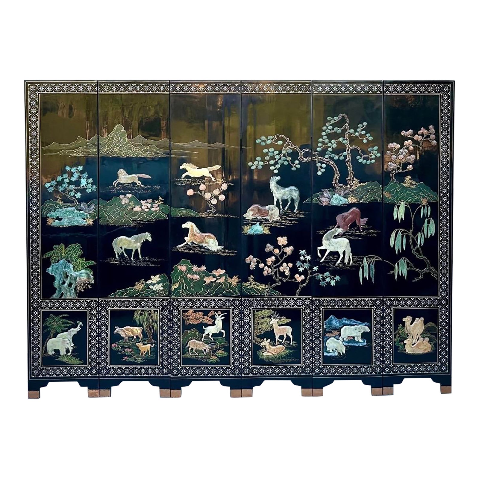 Rare Large 6 Panel Chinese Wild Horses Abalone & Hardstone Inlaid ...