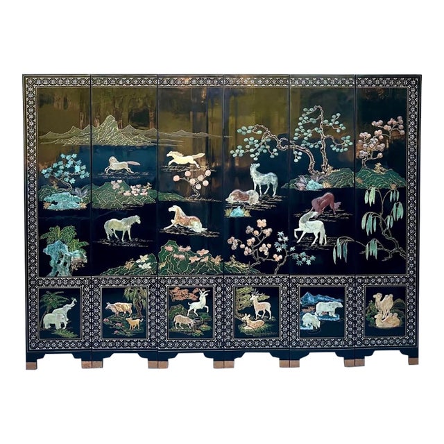 Rare Large 6 Panel Chinese Wild Horses Abalone & Hardstone Inlaid Folding Screen Rare For Sale
