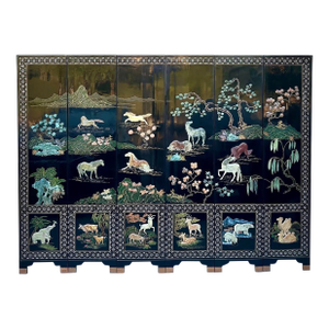 Rare Large 6 Panel Chinese Wild Horses Abalone & Hardstone Inlaid Folding Screen Rare
