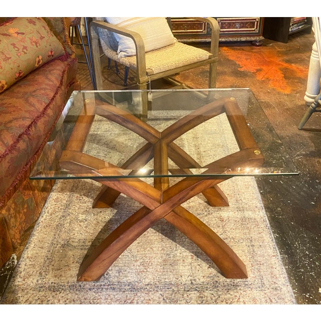 1990s Vintage Wooden Cross Leg Coffee Table With Glass Top Chairish