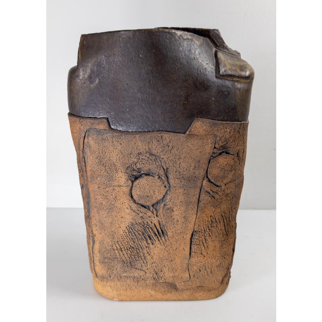 Mid 20th Century Mid-Century Modern Rustic Faux Bois Style Pottery Vase, Signed For Sale - Image 5 of 11