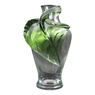 1989 Lalique Tanega Green Frosted & Clear Crystal Leaf Vase in Original Box For Sale