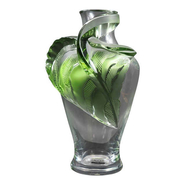 1989 Lalique Tanega Green Frosted & Clear Crystal Leaf Vase in Original Box For Sale