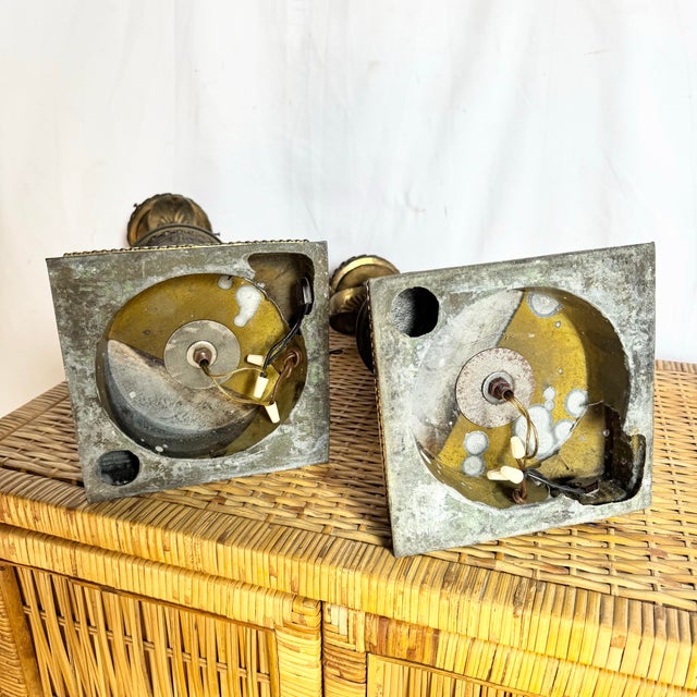 Antique French Bronze Ewer Converted Oil Lamps With Crystal Tops - A Pair For Sale - Image 11 of 11