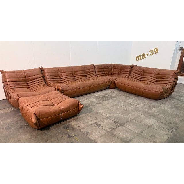 Modern Set of 5 Togo Sofa in Cognac Leather by Michel Ducaroy for Ligne Roset, 1970s For Sale - Image 3 of 5