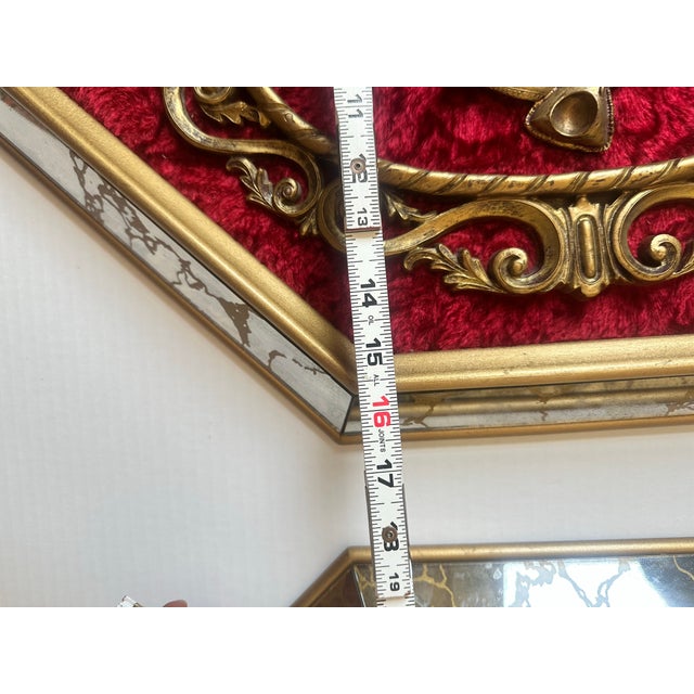 Glass Vintage Courting Couple Wall Plaques – Set of 2, Red Velvet, Gold Rococo Scrollwork For Sale - Image 7 of 10