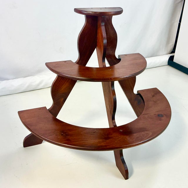 1970s Vintage Arts & Crafts Boho Chic Pine 3-Tier Half Moon Plant Stand, Dark Stain. For Sale - Image 4 of 13