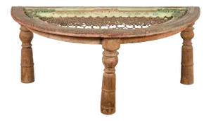 Indian 19th Century Sheesham Wood Low Demilune Table with Window Grate Iron Top
