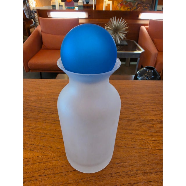 Vintage Frosted Glass Decanter / Bottle With Cobalt Blue Ball Stopper For Sale - Image 13 of 14
