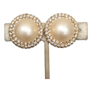 Vintage 1980s Signed Ciner Goldtone Faux-Pearl & Pavé Clear Rhinestone Clip Earrings-2 Pieces For Sale