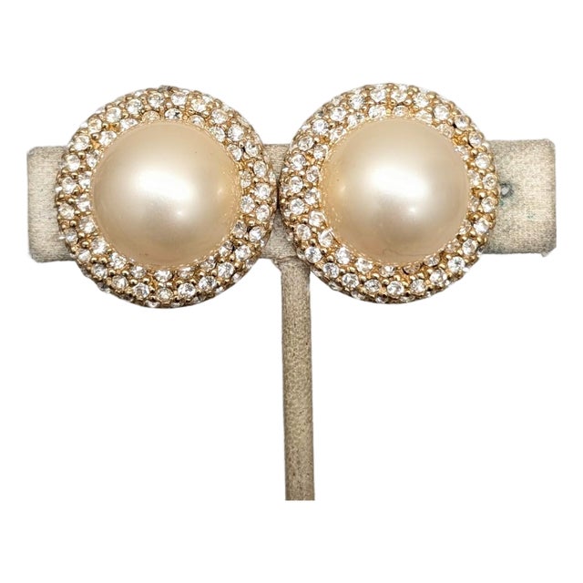 Vintage 1980s Signed Ciner Goldtone Faux-Pearl & Pavé Clear Rhinestone Clip Earrings-2 Pieces For Sale
