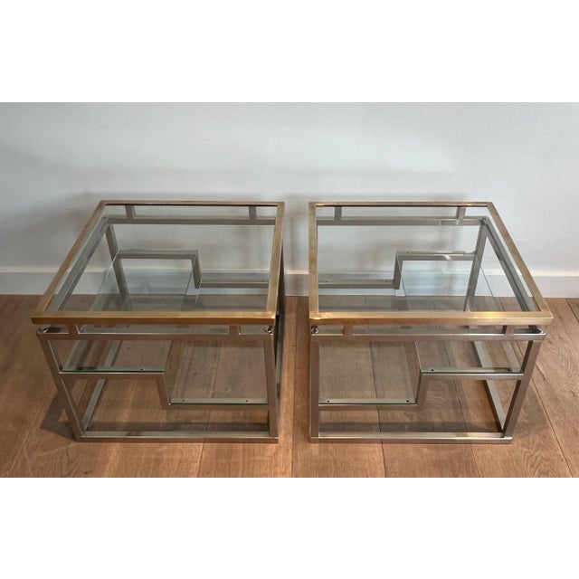 Pair of designer side tables in chrome, brass and glass. French work. Circa 1970. For Sale - Image 12 of 12