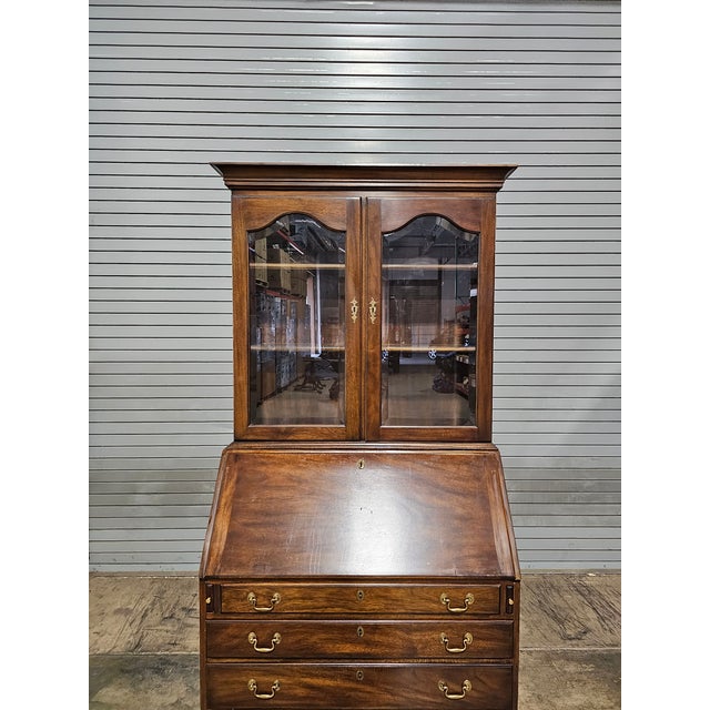 1970s HenkelHarris Mahogany John Hancock Secretary Desk Glass Doors