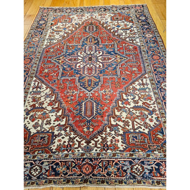 Textile Early 20th Century Persian Heriz, Hand-Knotted Wool, Geometric Pattern, Vegetable Dyes, Red & Navy, 7x9 For Sale - Image 7 of 11