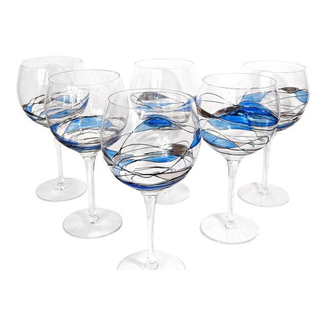 1990s Mosaic Stained Glass Wine Glasses 16oz | Hand-Painted Blue & Gray Accents | Modern Artistic Glassware | Wine Lover Gift - Set of 6 For Sale