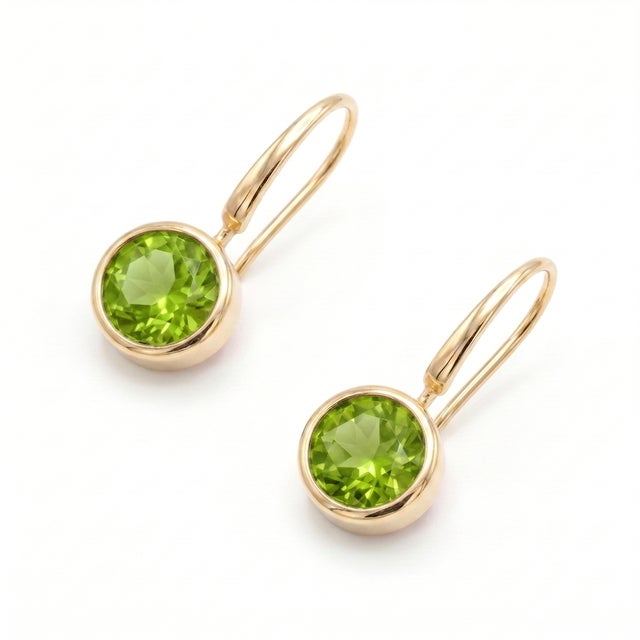 Natural Peridot Drop Earrings - Gemstone Dangle Earrings, Minimalist Bezel Birthstone Jewelry - A Pair For Sale - Image 4 of 5