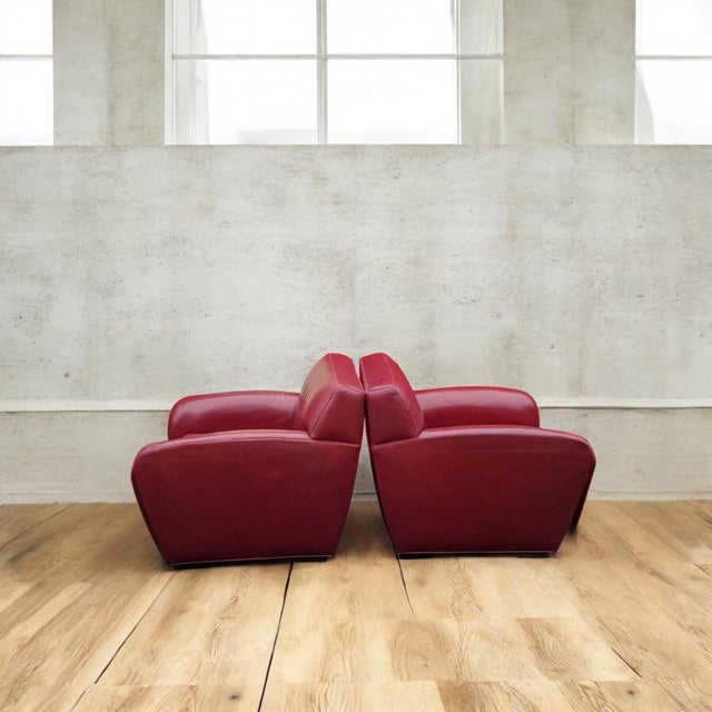 Brick Red A Pair of Rare Vintage Cabot Wrenn Full Grain Leather Club Chairs & Pottery Barn Ottoman For Sale - Image 8 of 12