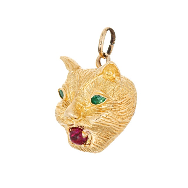 Vintage Panther Pendant 14k Yellow Gold Emerald Ruby Fine Animal Jewelry For Sale - Image 4 of 6